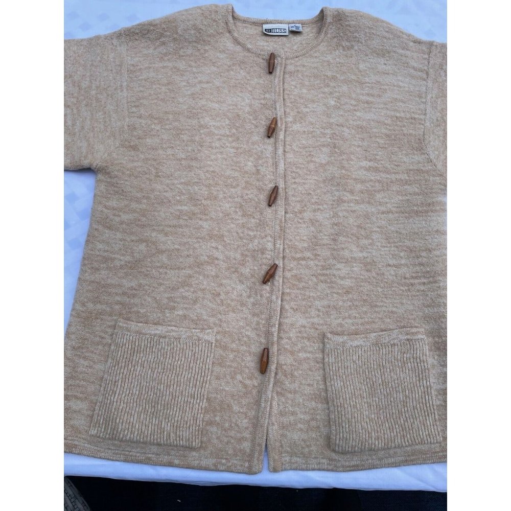 Russ Wool Sweater Womens XL Cardigan Beige & Creme Loop Closure Heavy Warm VTG